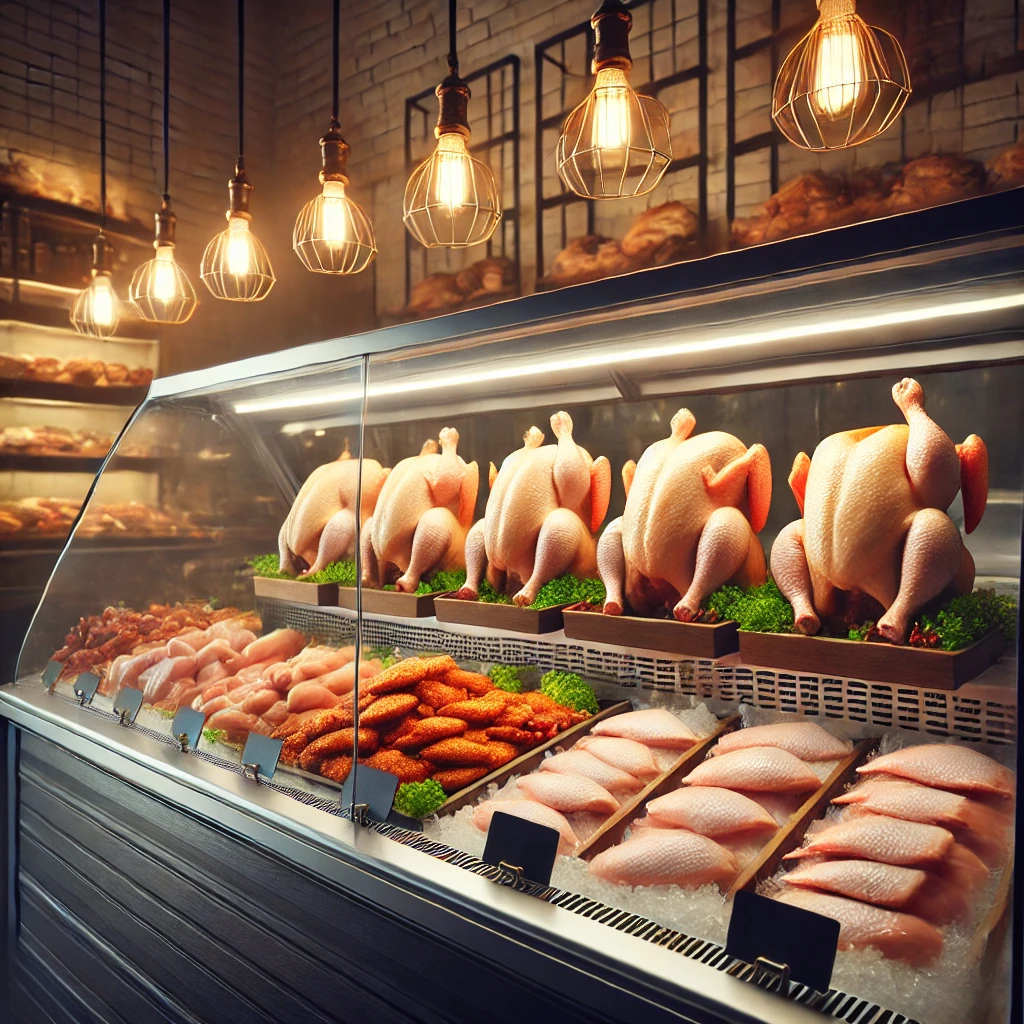 DALL·E 2025-02-10 12.36.18 - A butcher's shop showcasing fresh chicken drumsticks, wings, and whole chicken, arranged neatly on a display counter with soft lighting