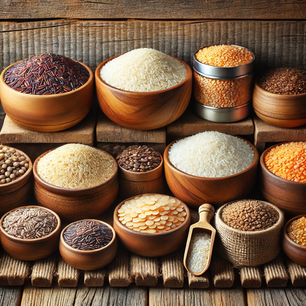 DALL·E 2025-02-10 12.36.51 - A storage shelf with bowls of basmati rice, brown rice, and different lentils, arranged neatly with rustic wooden background