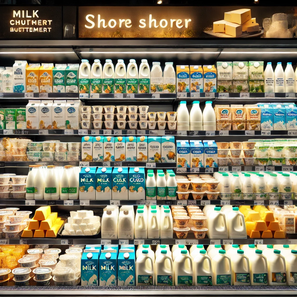 DALL·E 2025-02-10 12.37.16 - A dairy section in a supermarket showcasing milk cartons, curd, paneer, and buttermilk, neatly arranged with bright lighting